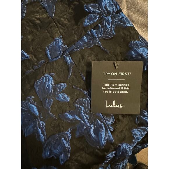 Lulus NEW Black Blue Lace Floral Jacquard Elegant Taste Cocktail Dress Large - Picture 5 of 11